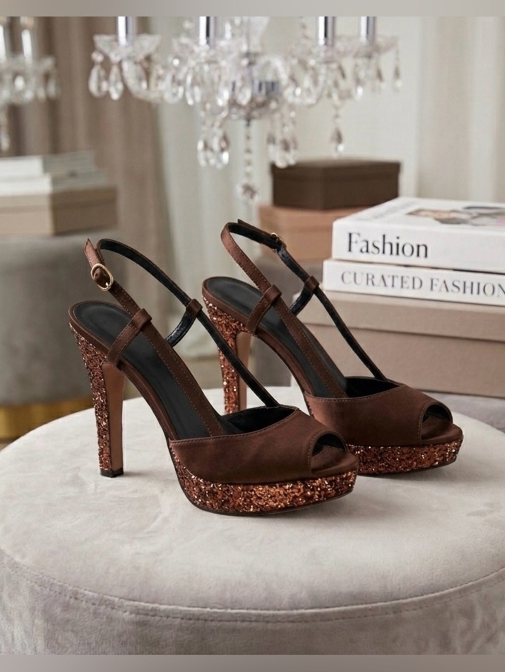 FIoni Chocolate Brown Satin and Copper Glitter Heels 7-1/2